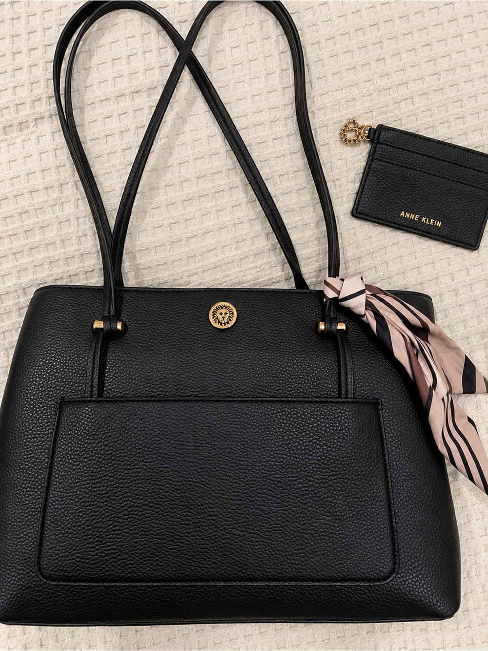 Anne Klein Black Pebbled Leather Tote with Striped Pink Scarf Accent